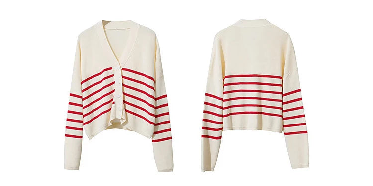 Dropped-Shoulder V-Neck Striped Cardigan Sweater