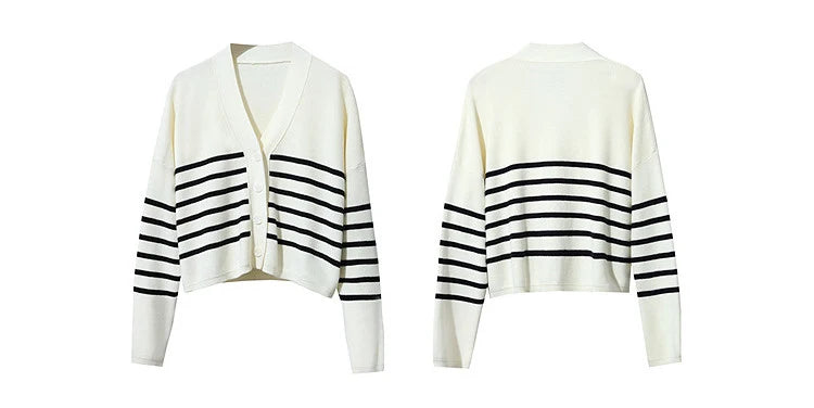 Dropped-Shoulder V-Neck Striped Cardigan Sweater